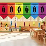 Renbuzhu 23Pcs Rainbow Crayon Curtains Classroom Decor with Colorful Hanging Swirls Back to School Decorations for First Day of School Bedroom Window Cover Room