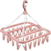 UKKQES Clothes Drying Hanger and Drip Foldable Hanging Socks Rack（32 Clips）Multifunction Clothes Drying Rack，Rotary Wind-Sock Hanger for Washing line，for Socks,Underwear,Bras,Baby Clothes (Pink)