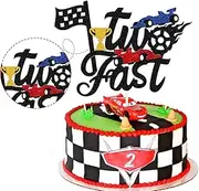 QUTANA Two Fast Cake Topper, Race Car Birthday Supplies 2nd Birthday Cake Decoration Race Car Hot Wheel Chequered Flag Themed Party Supplies Decorations(Doubled-Sided), Black