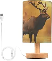 [YXYZRMY] Table Lamp Sunset Autumn Elk for Bedroom Living Room Desk Lamp with USB Port Nightstand Lamp with Round Flaxen Fabric Shade for Dorm Home Office LED Bulb Included