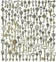 125 PCS Vintage Skeleton Key Set Charms, JIALEEY Mixed Antique Style Bronze Brass for Pendant DIY Jewelry Making Wedding Party Favors, Alloy, alloy