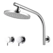 Chrome Bath Round 8'' ABS Plastic Rainfall Shower Head Rose Set Gooseneck Wall Arm with Twin Taps WELS WATERMARK