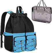 Fasrom Mesh Beach Bag Backpack with Waterproof Bag and Pocket, Large Drawstring Swim Backpack for Travel, Gym and Pool Sports