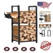 Rustic 2-Tier Firewood Storage Rack with Hooks – Ideal for Fireplaces & Patios