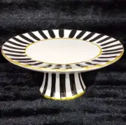 Black Stripes on Off White MacKenzie Style Ceramic Cake Stand 8" Gold Trim Glam