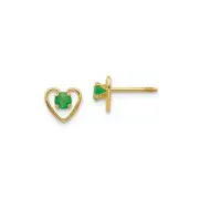 Finest Gold 3 mm 14K Yellow Gold Madi K Emerald Birthstone Heart Earrings, Pair