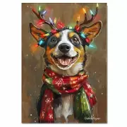Aussie Dog in Scarf & Antlers Xmas Lights Flat Rolled, Framed or Wrapped Canvas