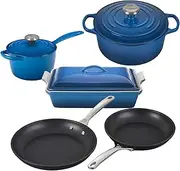 [Le Creuset] 8 Piece Multi-Purpose Enameled Cast Iron with SS Knobs, Stoneware, and Toughened Nonstick PRO Fry Pan Complete Cookware Set - Marseille