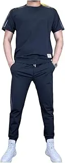 [Generic] Men's High Stretch Short Sleeve Top Jogging Pants 2-Piece Set,Men Casual Short Sleeve T Shirt Pants Set