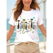 Women's T Shirt Graphic Cat Star Vintage Stylish Classic Short Sleeve Crew Neck Round Neck Regular Tops Daily Weekend Print Black White Yellow Red Blue Summer
