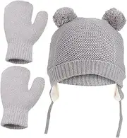 [CALLARON] Baby Winter Hat and Gloves Set Boys and Girls Fleece-Lined Beanie Cap Mittens Toddler Warm Accessory Grey