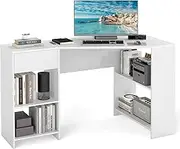 Giantex L-Shaped Computer Desk w/Storage, Compact Corner Executive Desk w/Pill-Out Drawer & Open Shelves, Modern Style Study Desk, Home Office Dressing Table, Writing Desk for Living Room, Bedroom