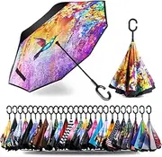 SIEPASA 49/56 Inch Inverted Reverse Upside Down Umbrella, Extra Large Double Canopy Vented Windproof Waterproof Stick Golf Umbrellas with C-shape Handle.(Hummingbird,49 Inch)