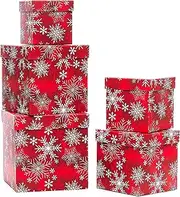 UNIQOOO 5PCS Christmas Nesting Gift Boxes with Lid, Xmas Nested Box Set, 5 Sizes, Square Stackable, Red White Snowflake Candy Cane Paper Box Tower Décor, for Holiday Thanksgiving New Year Packaging