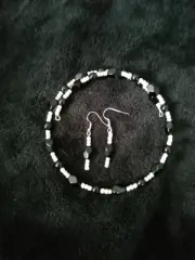 Black and White Beaded Memory Wire Choker and Earring Set Handmade