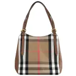 【BURBERRY 巴寶莉】經典拼接格紋棉麻雙背帶托特包肩背包(咖邊)