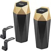 2PCS Gold Car Trash Can Bin with Lid and 2PCS Car Seat Hooks, Portable Auto Garbage Can Mini Car Accessories Trash Bin Car Dustbin Organizer Container for Vehicle Office Home