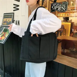 【點悅家】韓風 多口袋帆布袋通勤包 ins 大容量 單肩托特包 簡約百搭 D24