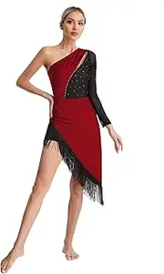 [Jugaoge] Womens Tassel Latin Dance Dress Salsa Tango Shiny Rhinestones One Shoulder Asymmetrical Fringe Dresses