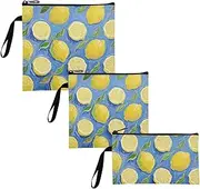 Yoogain Lemon Fruit Blue Art Painting 3 pack Reusable Zipper Snack Bags Multi-Use Emergency Snacks Makeup Bag for Candy, fruits, Cereal, Home Organization