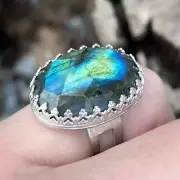 Handmade Statement Ring Labradorite Sterling Silver Size 8 Oval Big Stone
