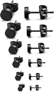 [SAFIGLE] 6 Pair Unisex Steel Oblate Ear Piercing Earrings Studs Lightweight Black Ear Jewelry for Men Stylish Design for Daily Wear