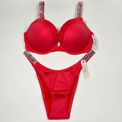 Victoria Secret 38DD XL SEXY TEE Push Up Bikini Top Bottom Set LOGO Shine Strap