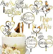 IPEWOEF 10Pcs Mr & Mrs Gold Acrylic Wedding Cake Toppers