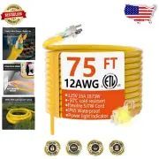15A 1875W Heavy Duty Extension Cord 75 ft with Lighted End - Yellow Safety