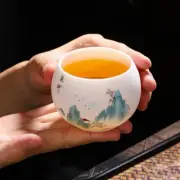 One Cup Fat Mutton Jade Porcelain Kungfu Tea Cup Mountain River Print Mug 110ml