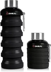 JaneJu Collapsible Water Bottle, 17oz BPA Free Silicone Reusable Portable Lightweight Foldable Water Bottles with Carabiner (Black)