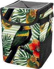 Car Trash Can with Lid and Storage Pockets Leak-Proof Organizer,Multipurpose Trash Bin for Car,Bird Stripe Tropical Parrot
