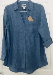 CHRISTIAN SIRIANO NY 100% Linen Pearl Button Loose Comfort Blue Tunic Shirt S