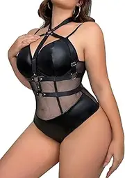 [Lilosy] Sexy Crisscross Choker Leather Pu Underwire Babydoll Women Harness Teddy Bodysuit Nightshirt One Piece, Plus Black, 4X-Large