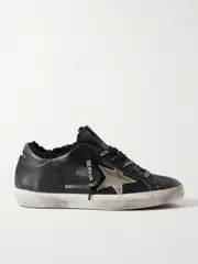 [Golden Goose] Golden Goose - Superstar Shearling-lined Distressed Leather Sneakers - Black - IT36 IT 36 Black