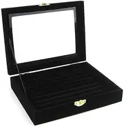 [Generic] Ring Storage Case Earring Velvet Display Case Box Earring Ring Organizer Velvet Jewelry Tray Cufflink Storage Showcase with Clear Glass Lid (Black, 20 * 15 * 4.5CM)