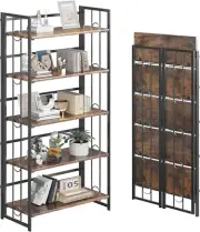No-Assembly 5 Tiers Folding Bookshelf Storage Shelves Vintage Bookcase Standing