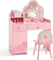 HONEY JOY 2-in-1 Kids Vanity Set w/Mirror, Princess Makeup Table w/Detachable Top, Chair, Storage Drawers & Cabinet, Anti-toppling Device, Children Pretend Play Vanity Ages 3-7 Years Old (Pink)