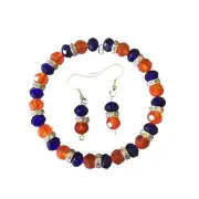 Beaded Memory Wire Bracelet and Earring Set Blue and Orange