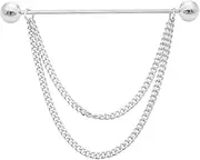 [Generic] 18K Gold Brass Barbell Ball Head Collar Bar with Hanging Chain Tassel Silver Black Shirt Tie Bar Collar Brooch for Men (Silver Ball)