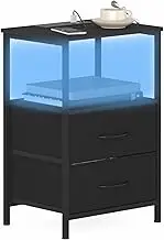 Ufurniture Nightstand with 20 Colors LED Light and Charging Station, Industrial End Table with 2 Fabric Drawers and Open Shelf, Bedside Table for Bedroom and Living Room, Black Drawer+Black Top