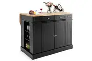 Giantex Kitchen Island Table 2-Door Mobile Storage Cabinet w/Wood Countertop & Drawers Adjustable Shelves Trolley Black