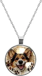 [Diusye] Necklaces for Women, Corgi Dog and Paw Painting Print Stainless Steel Pendant Necklace Jewelry Birthday Anniversary Wife Girls Friends Gift