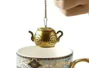 Loose Tea Infuser/strainer Gold Teapot With Chain And Plate