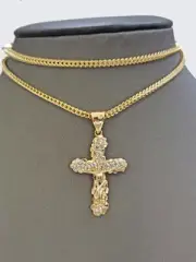 Real 10k Gold Cross Charm pendant & Franco Chain Necklace 2.5mm 22" Men Women