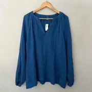 Old Navy Boho Blue Gauzy Cloth Split V Peasant Blouse XL Tall Travel Cotton