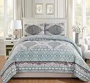 Fancy Linen 3pc Full/Queen Quilted Coverlet Bedspread Set Floral Grey Aqua Blue Taupe White New