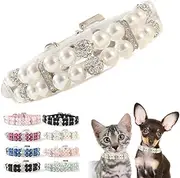 Pearl Dog Collars,Bling Rhinestone Crystal Puppy Necklace Fancy Pretty Cute Cat Collars Diamond Jewel for XS Small Medium Female Girls Kitten Pet Chain Wedding Birthday Party,White XS