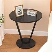 Wooden Round Side Table with Metal Legs, Bedside Table, End Table (Black Marble)