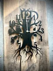 Large Whimsical Metal Tree Clock, 24-inch Steel Clock, Owl and Moon, Black